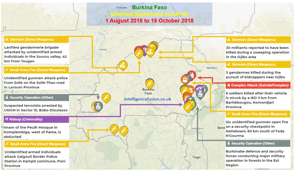 A map depicting several significant terror-related attacks in Burkina Faso between August and October 2018